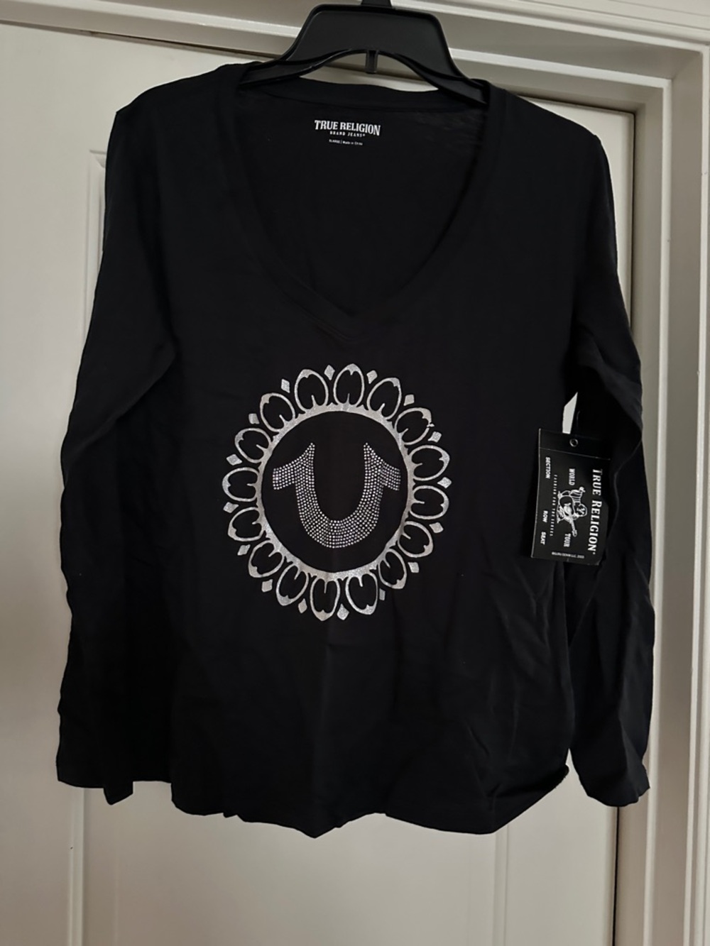 True Religion Black Long Sleeve V-Neck with Rhinestone Horseshoe Graphic